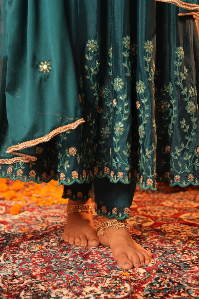 Flared Heavy embroided Chinnon floor length Anarkali