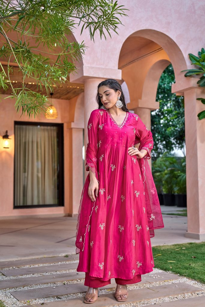 Royal Elegance Rani Pink Mul Chanderi Anarkali set