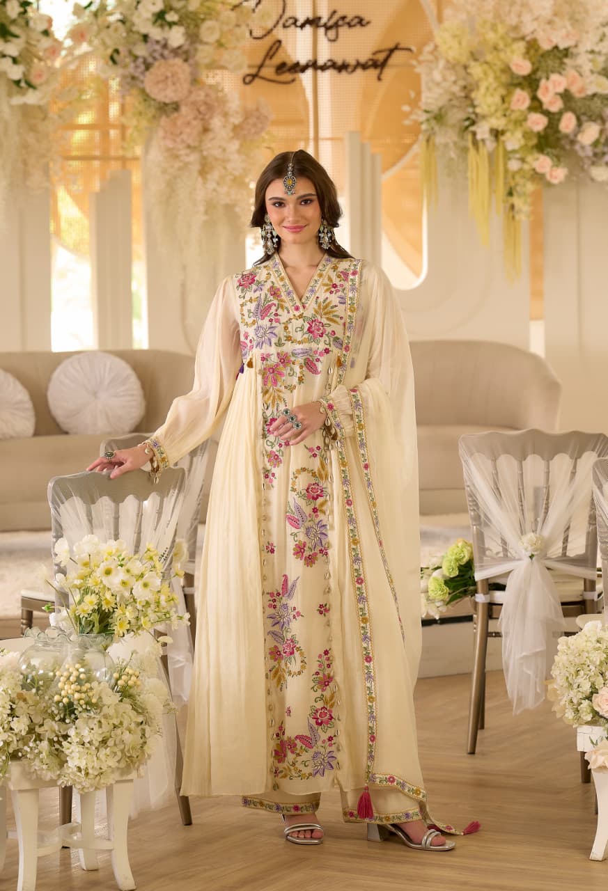 Mul Chanderi vibrant thread work Anarkali Suit set