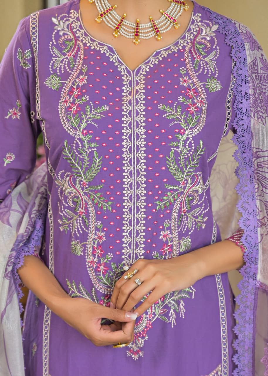 Elegant embroidered cotton 3-piece suit set