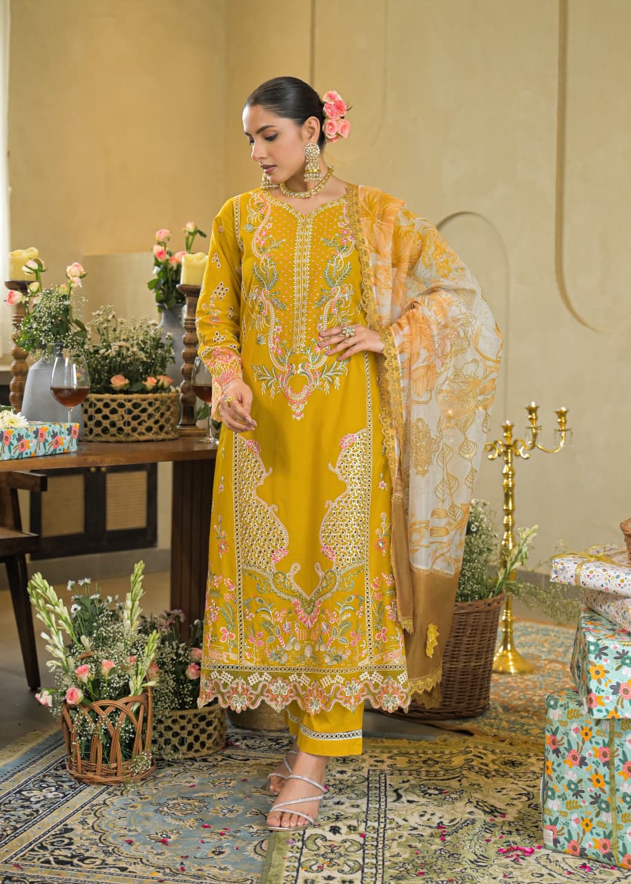 Elegant embroidered cotton 3-piece suit set