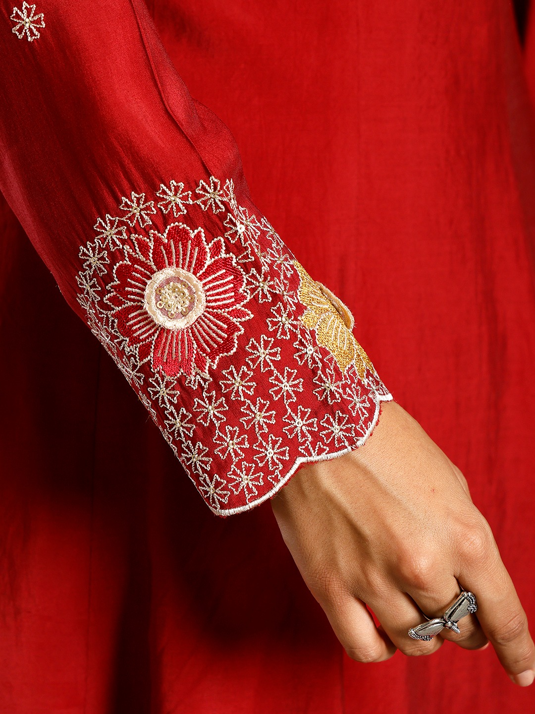 Ruby red V-Neck silk Anarkali Suit Set